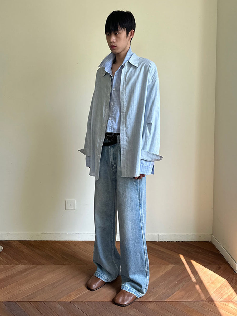 Double layered striped check shirt