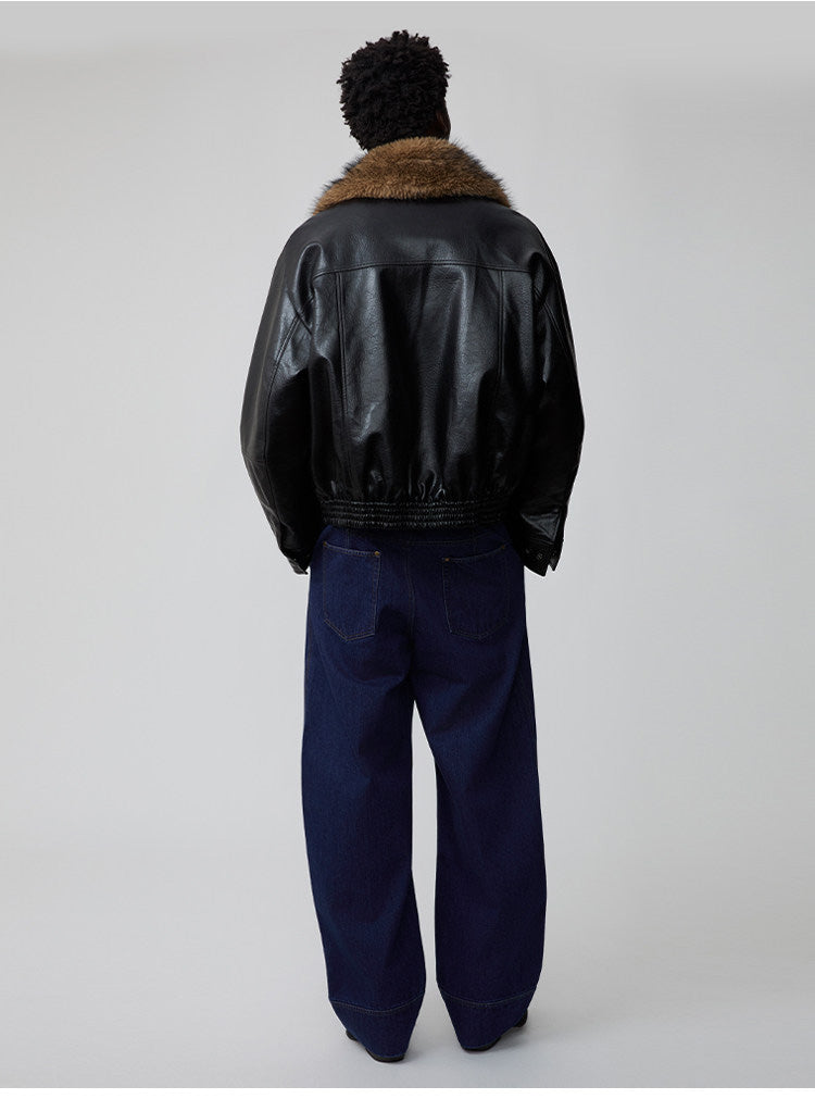 Detachable fur collar bomber jacket