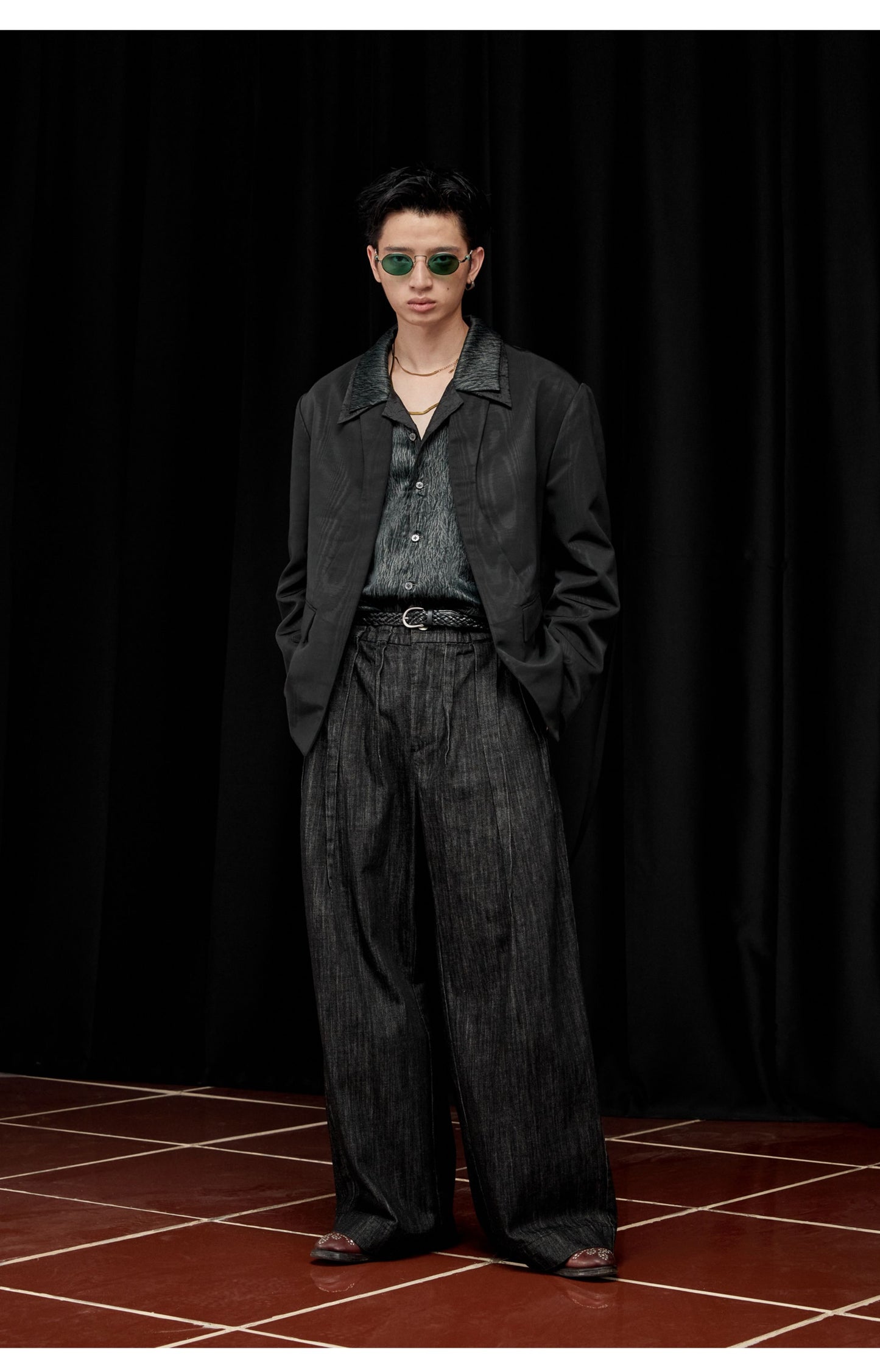 Wide Leg Multi-Pleated Denim Pants