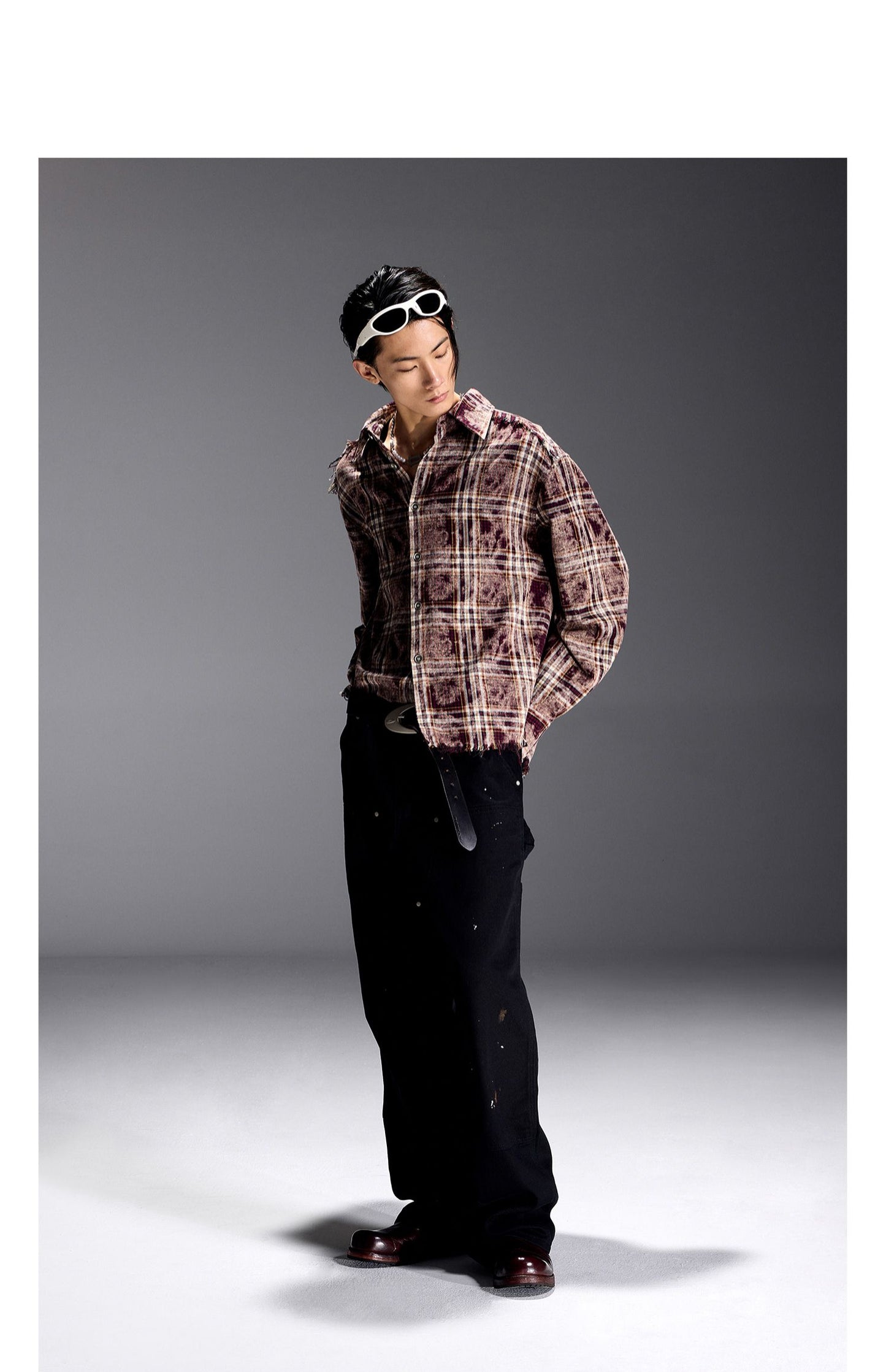 Washed checkered long-sleeved shirt