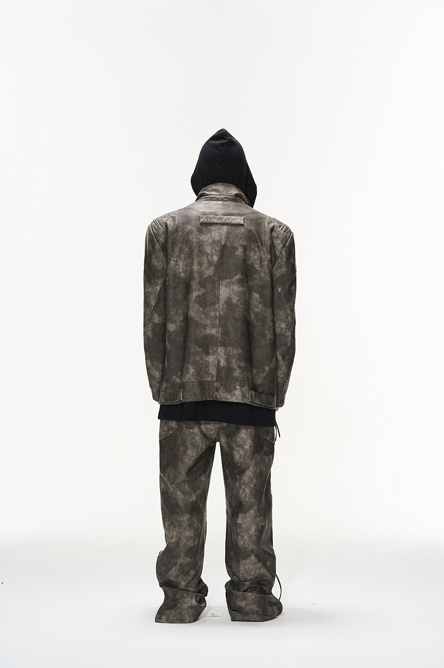 Washed Damaged Zipper Leather Jacket