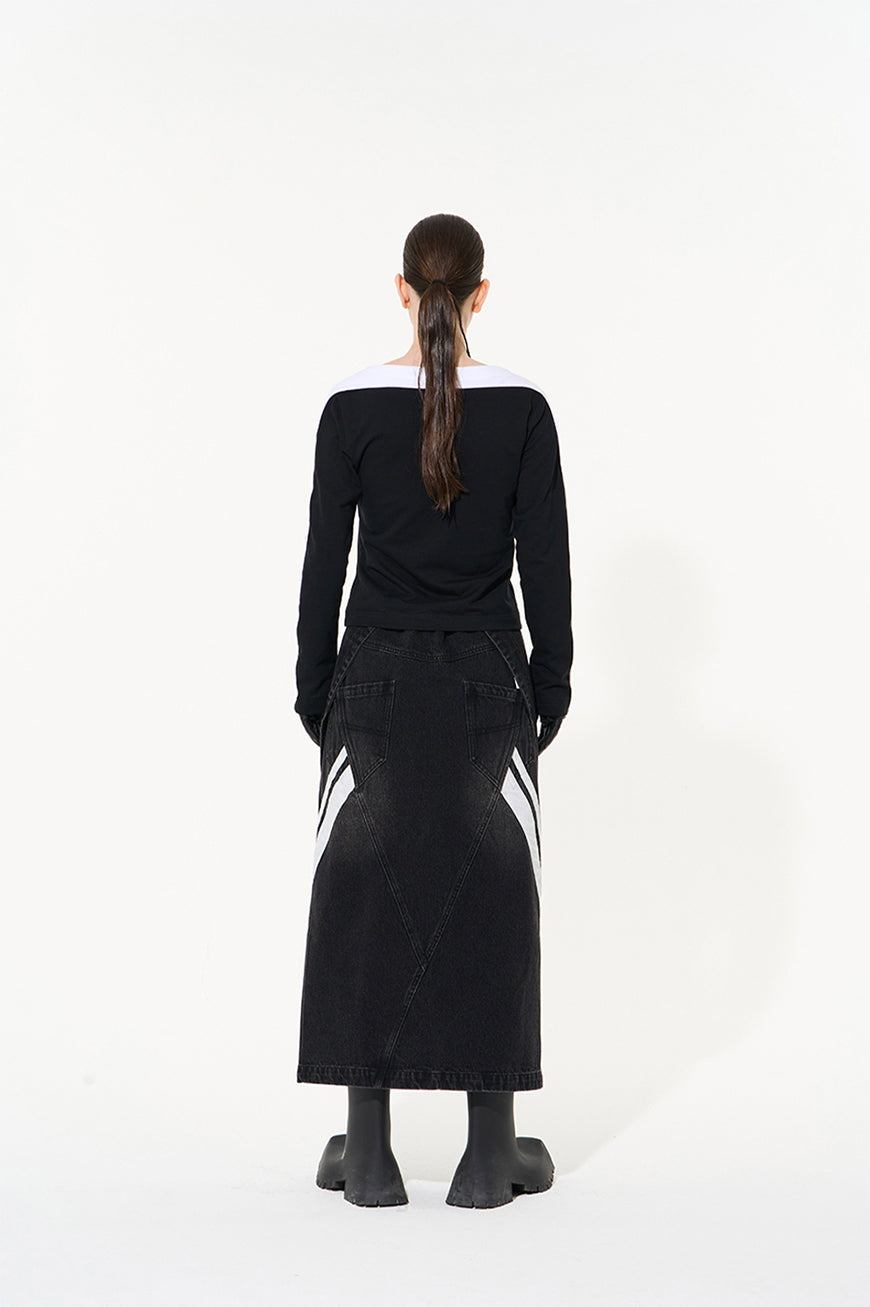 Contrast color stitch design denim skirt