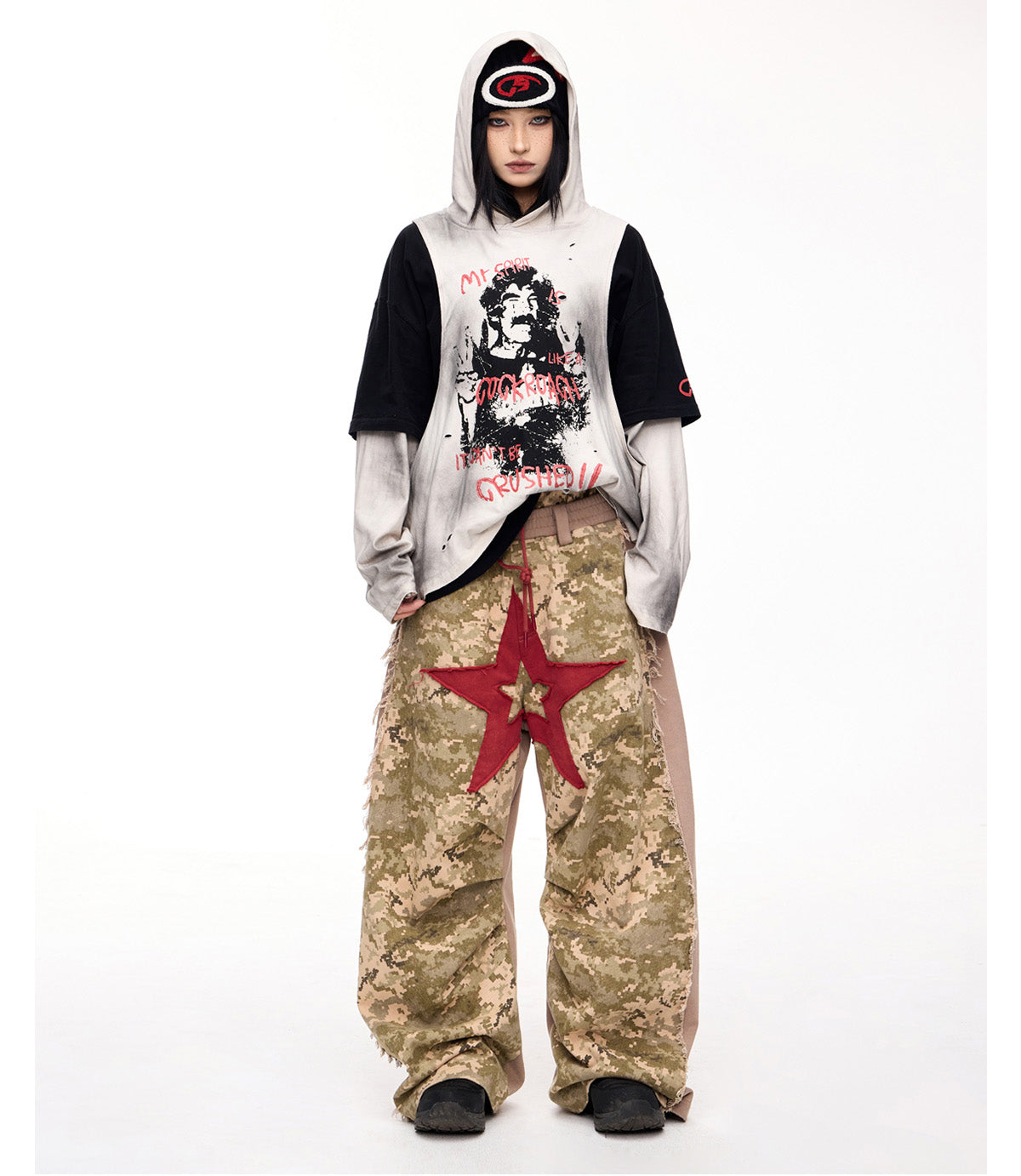 Damaged Faux Two-piece T-shirt with Hood