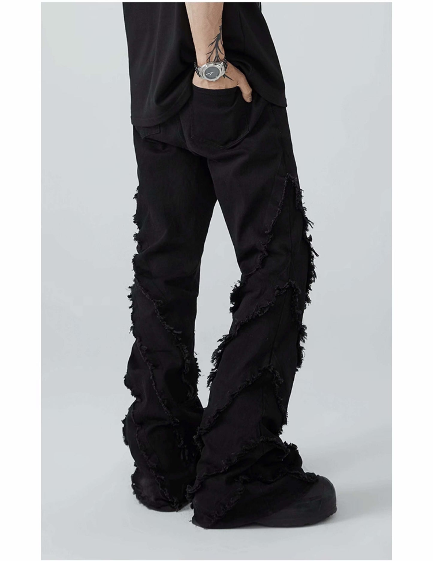 Black Slim Washed Irregular Design Denim Pants