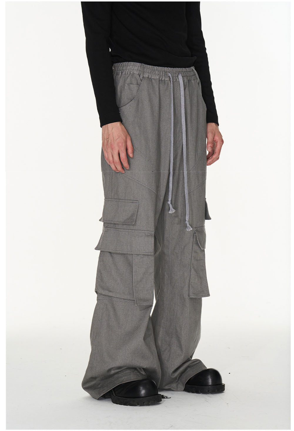 plain wash drawstring pocket wide cargo pants 