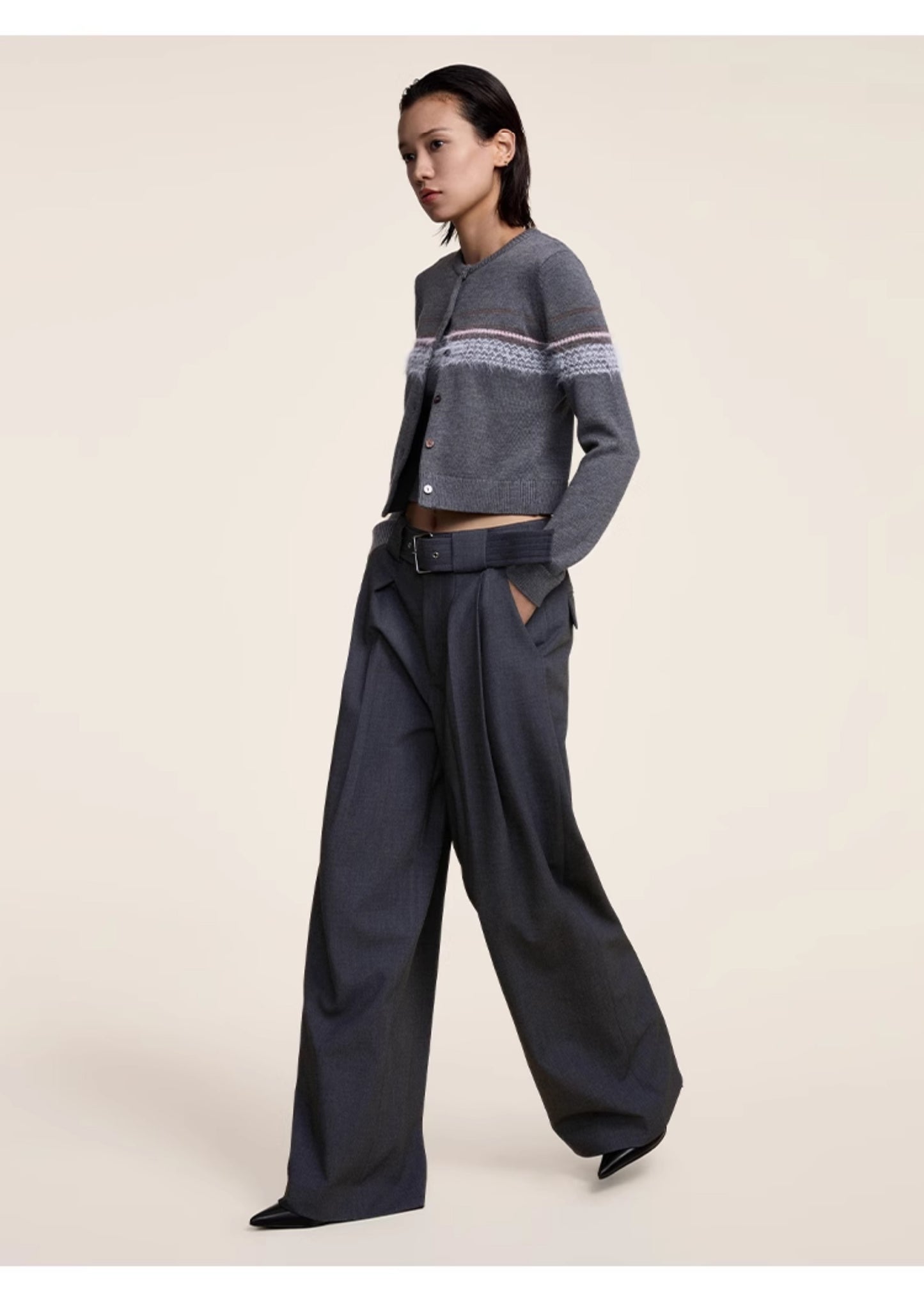 Belt Pleated Loose Straight Casual Pants