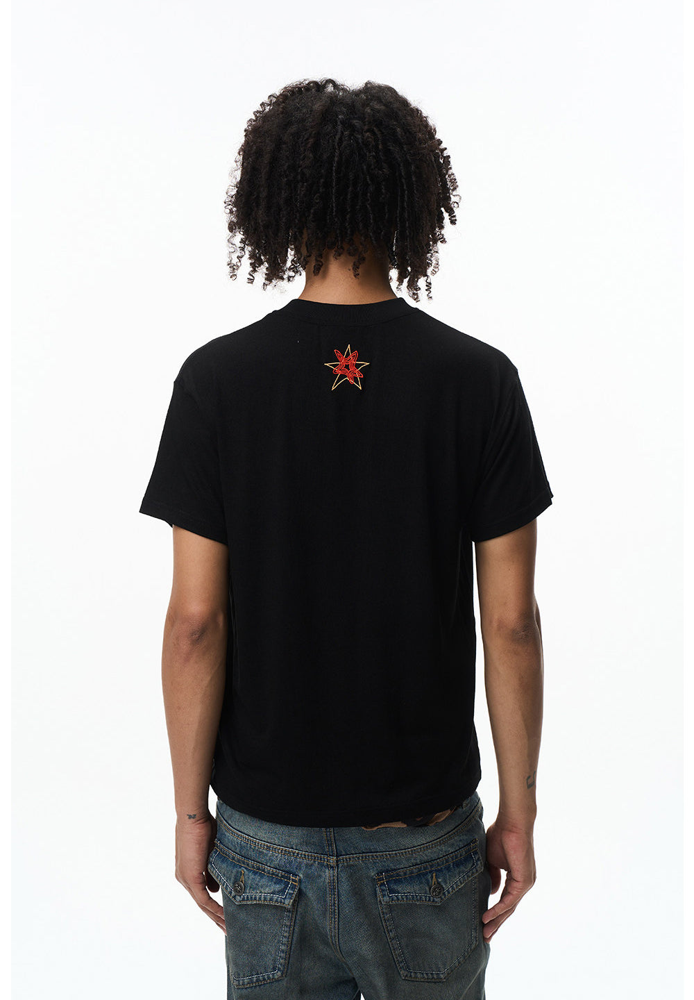 Unisex Five-Pointed Star and Text Print T-Shirt