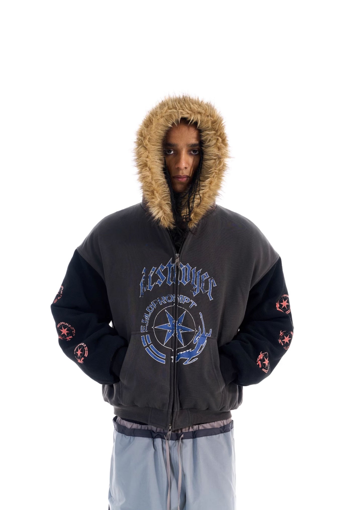 Color Block Fur Collar Sweatshirt