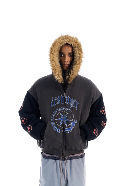 Color Block Fur Collar Sweatshirt