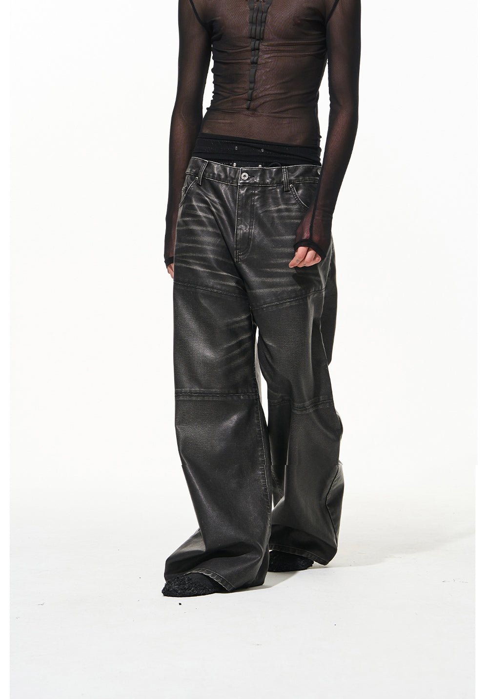 Damaged Washed Lace-up Leather Pants