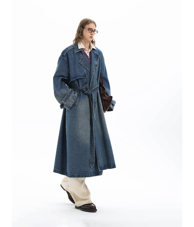 Double-breasted denim long coat