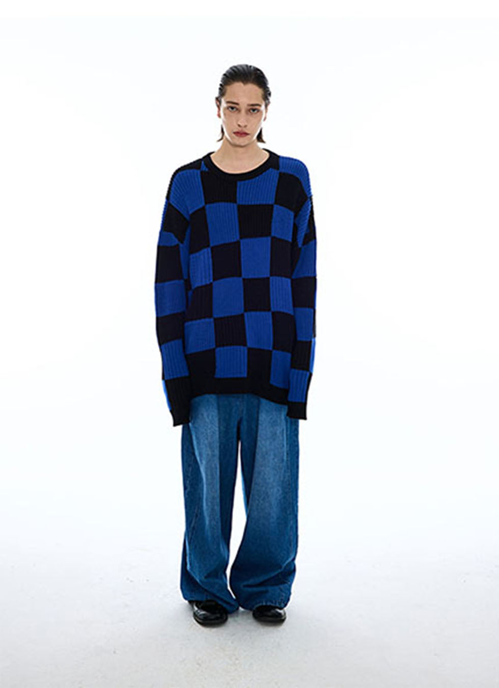 Checkerboard Round Neck Oversized Sweater