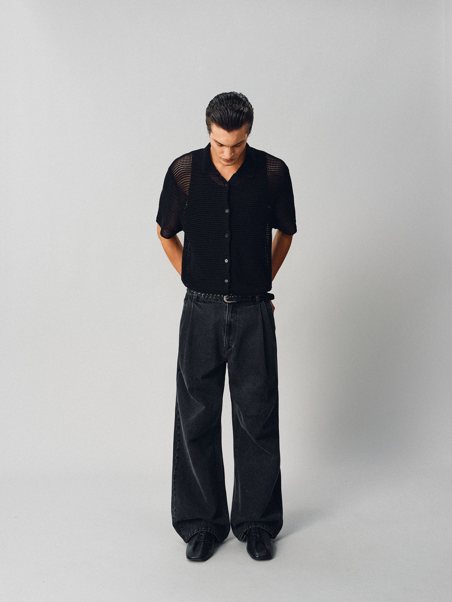 Double-Pleated Wide-Leg Denim Pants