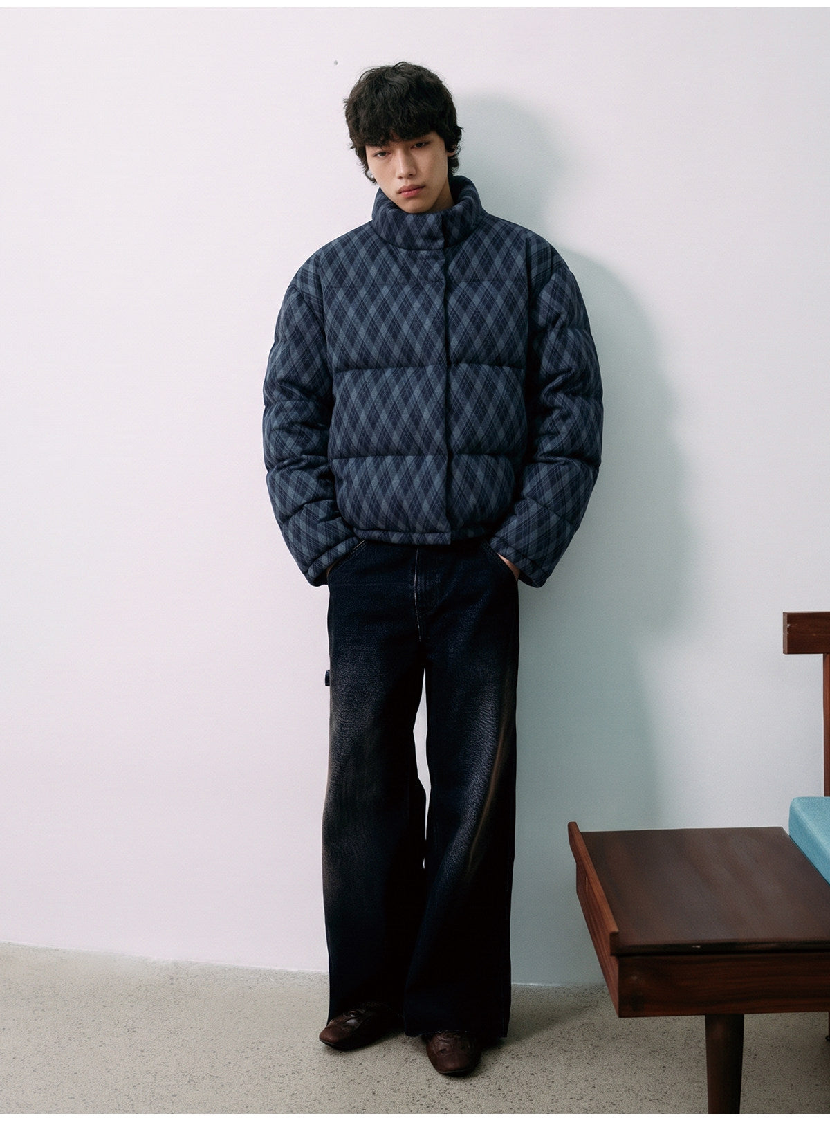 Diamond-Check Stand-Collar Down Jacket