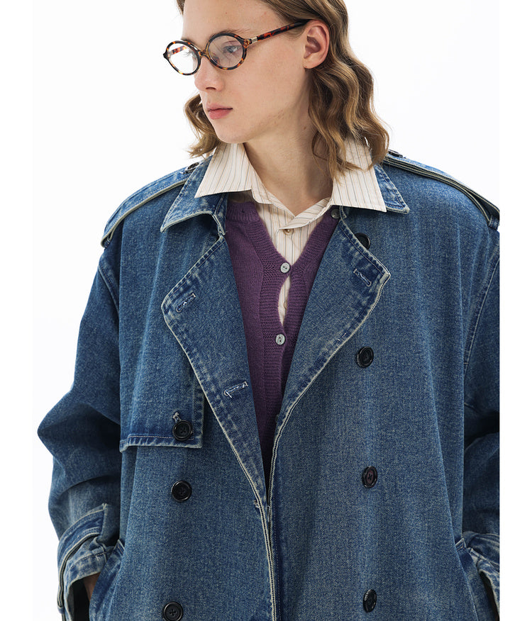 Double-breasted denim long coat