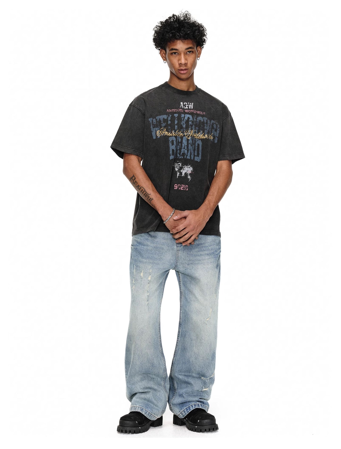 Scratch wash processing flare jeans