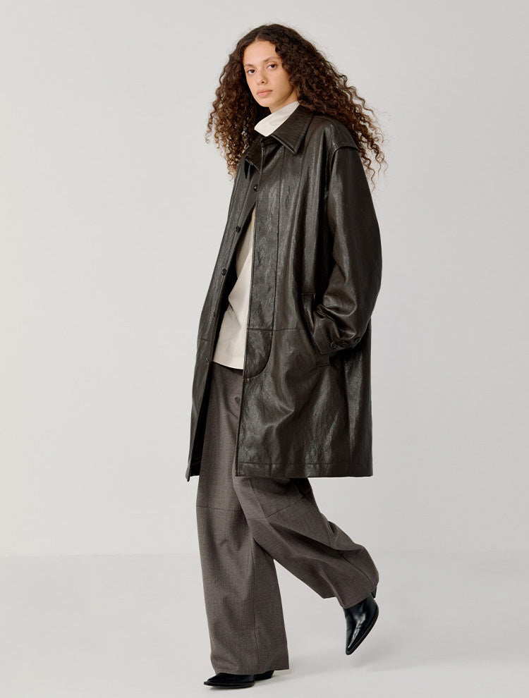Hidden Front Placket Leather Coat