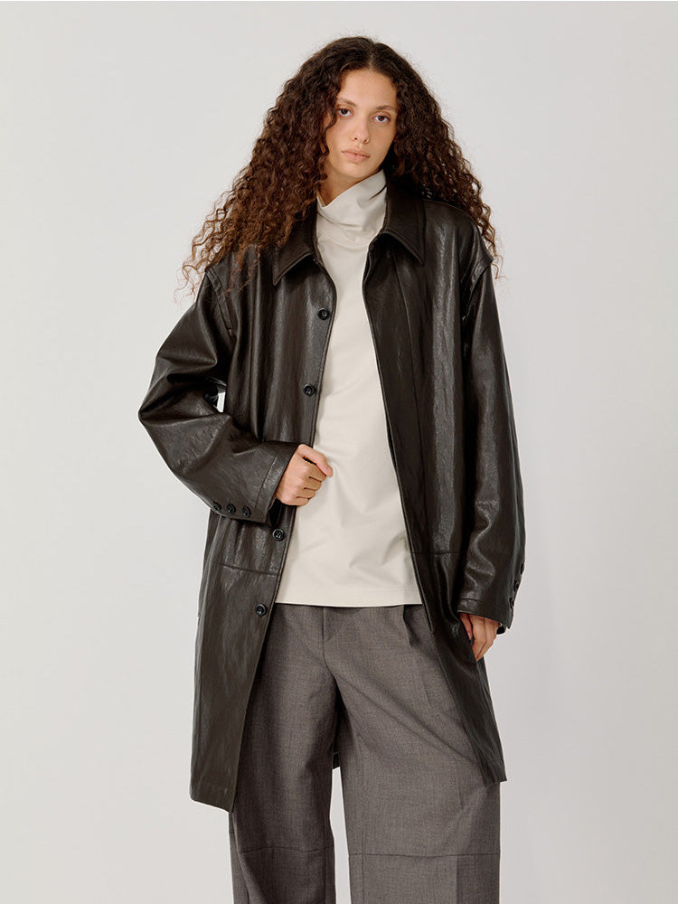 Hidden Front Placket Leather Coat