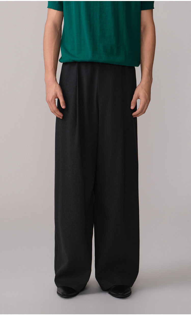 Loose-Fit Casual Pants with Double Pleats and Elastic Waistband