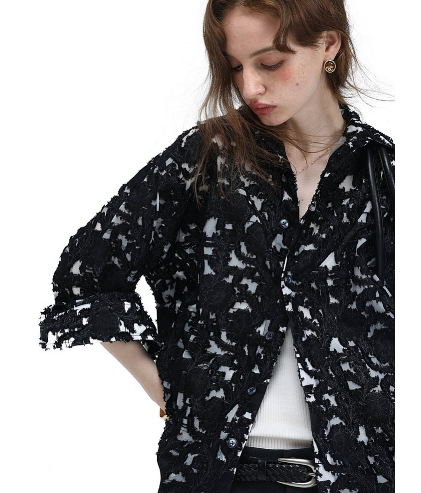 Frayed Edges  Hollow-Weave  Jacquard  Shirt