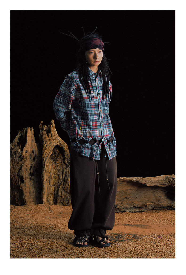 Patchwork Checkered Cut-Out Shirt