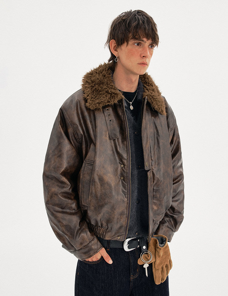 Padded Distressed PU Leather Jacket