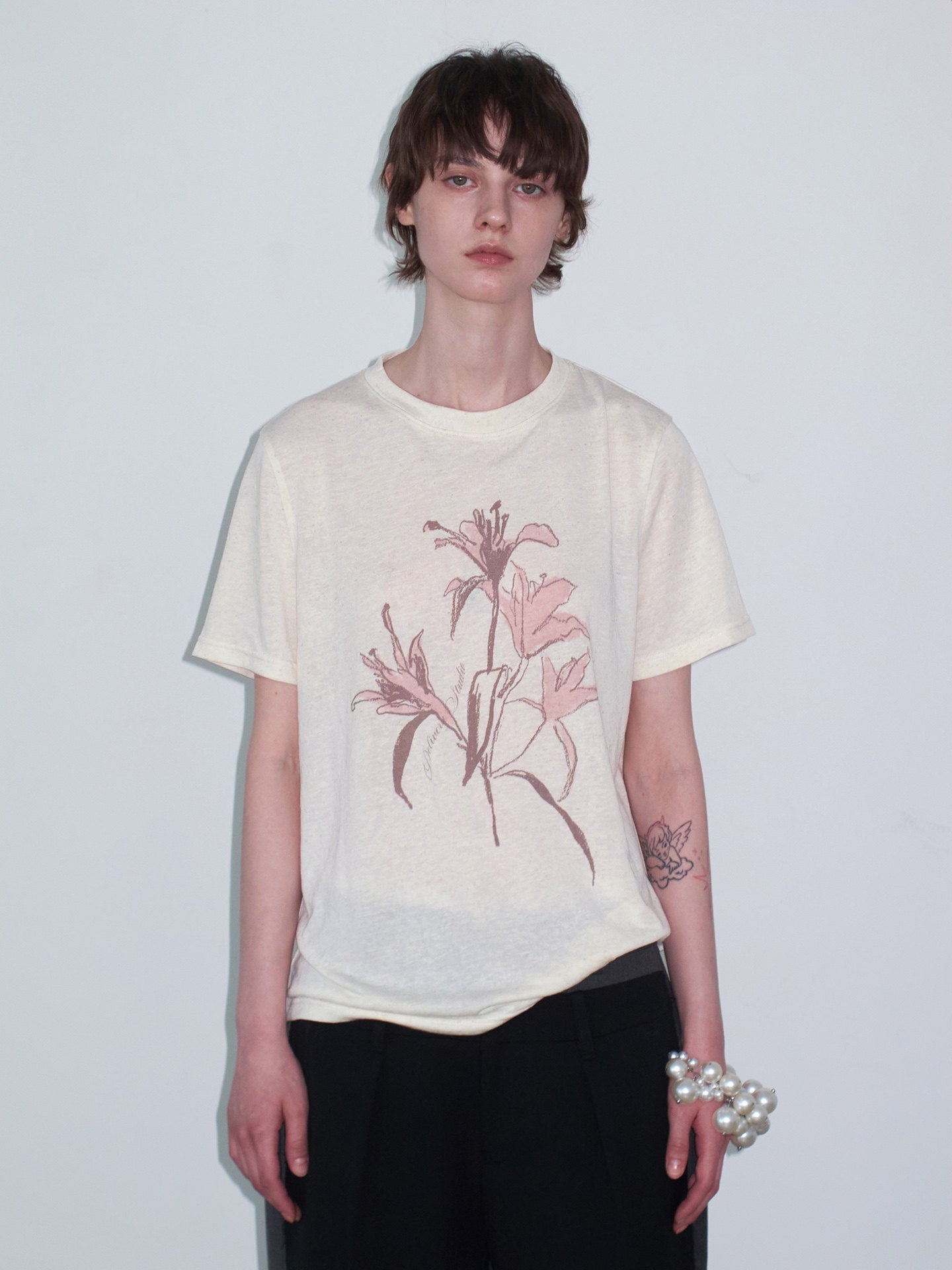 Hand-Painted Floral Print, Slightly Sheer T-Shirt