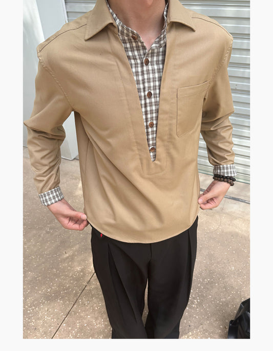 V-neck faux two-piece shirt