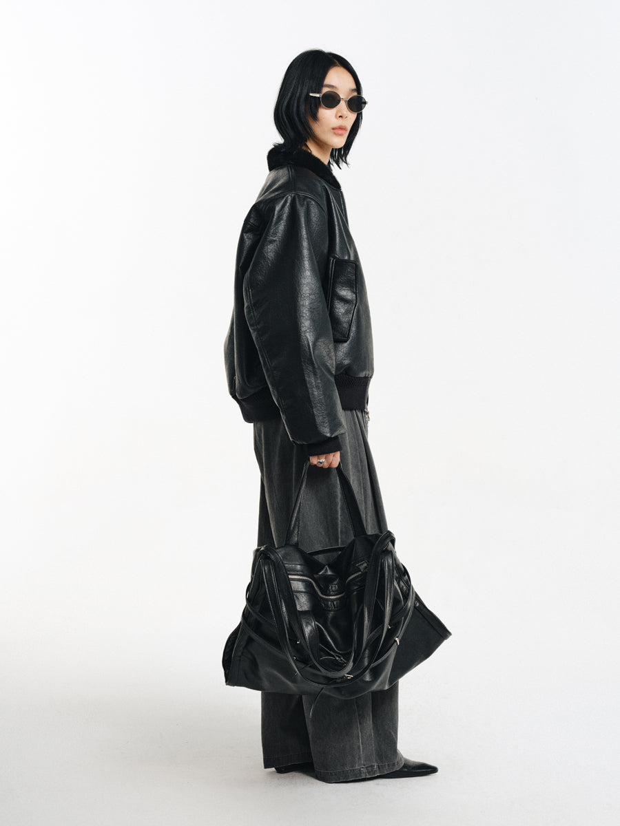 Stand collar faux leather jacket