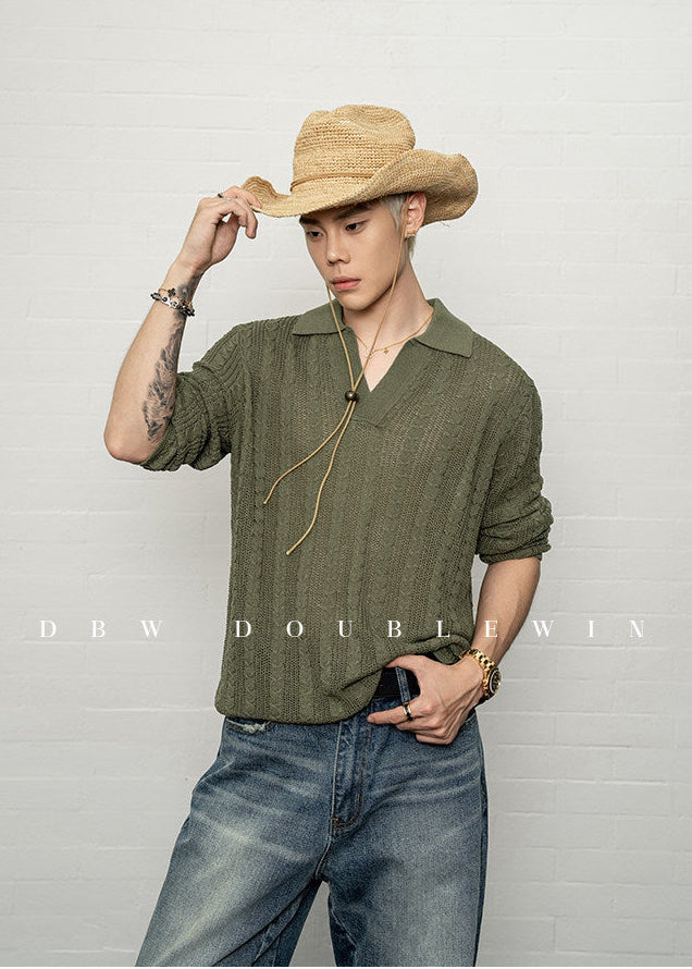 V-neck lapel knit sweater