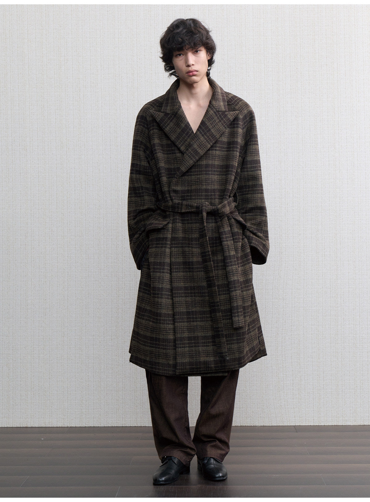 Long Wool Coat with a Check Pattern