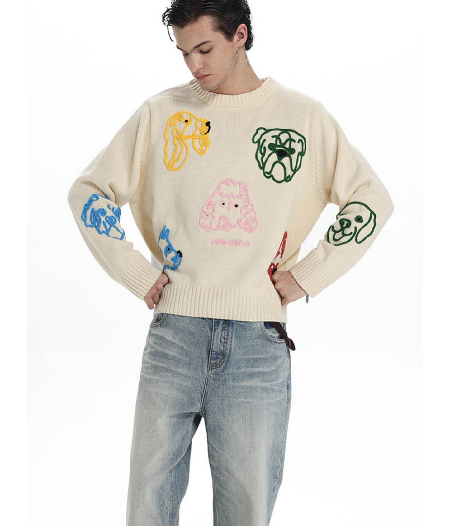 Hand-Knitted Floral-Print Round-Neck Sweater