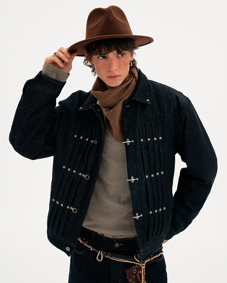 Pleated Airplane Button Denim Jacket