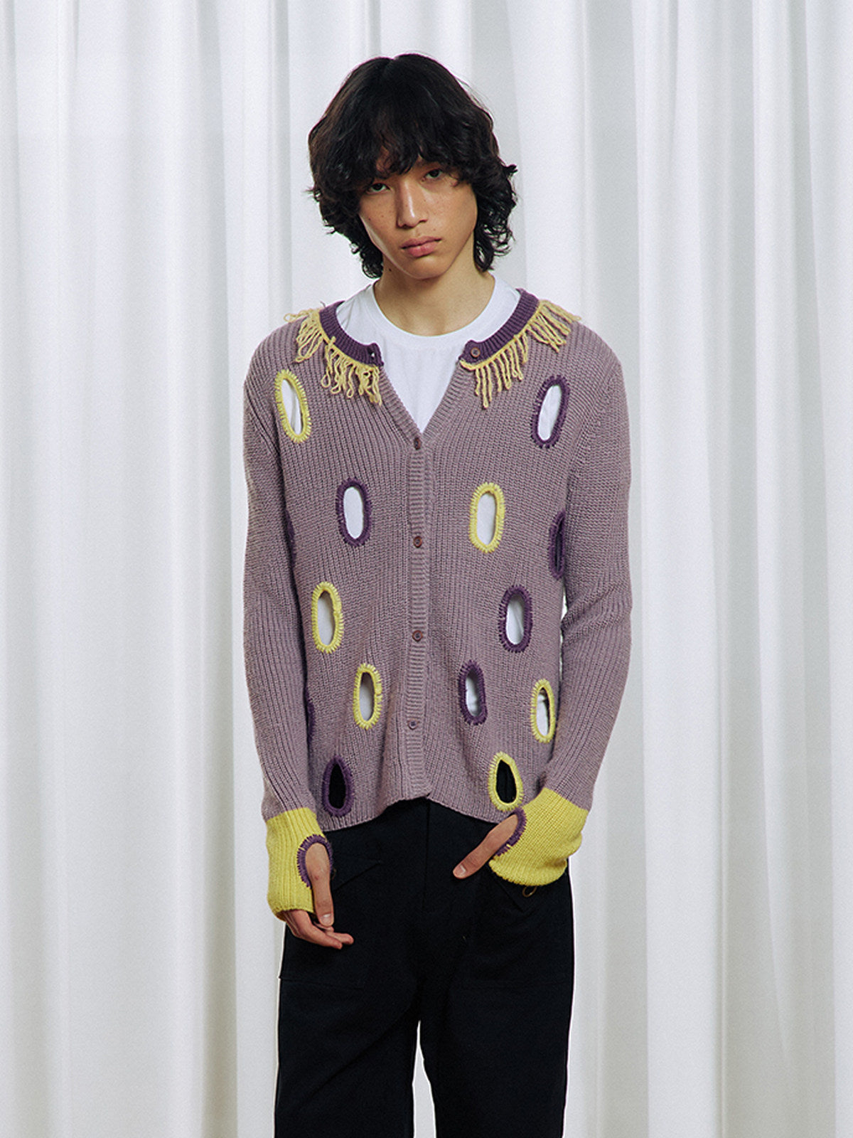 Hollowed-out wool blend cardigan