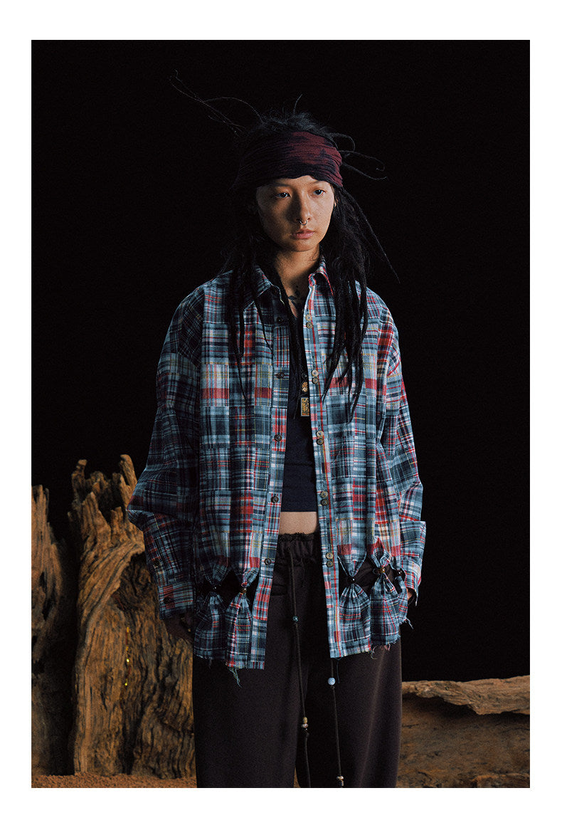 Patchwork Checkered Cut-Out Shirt
