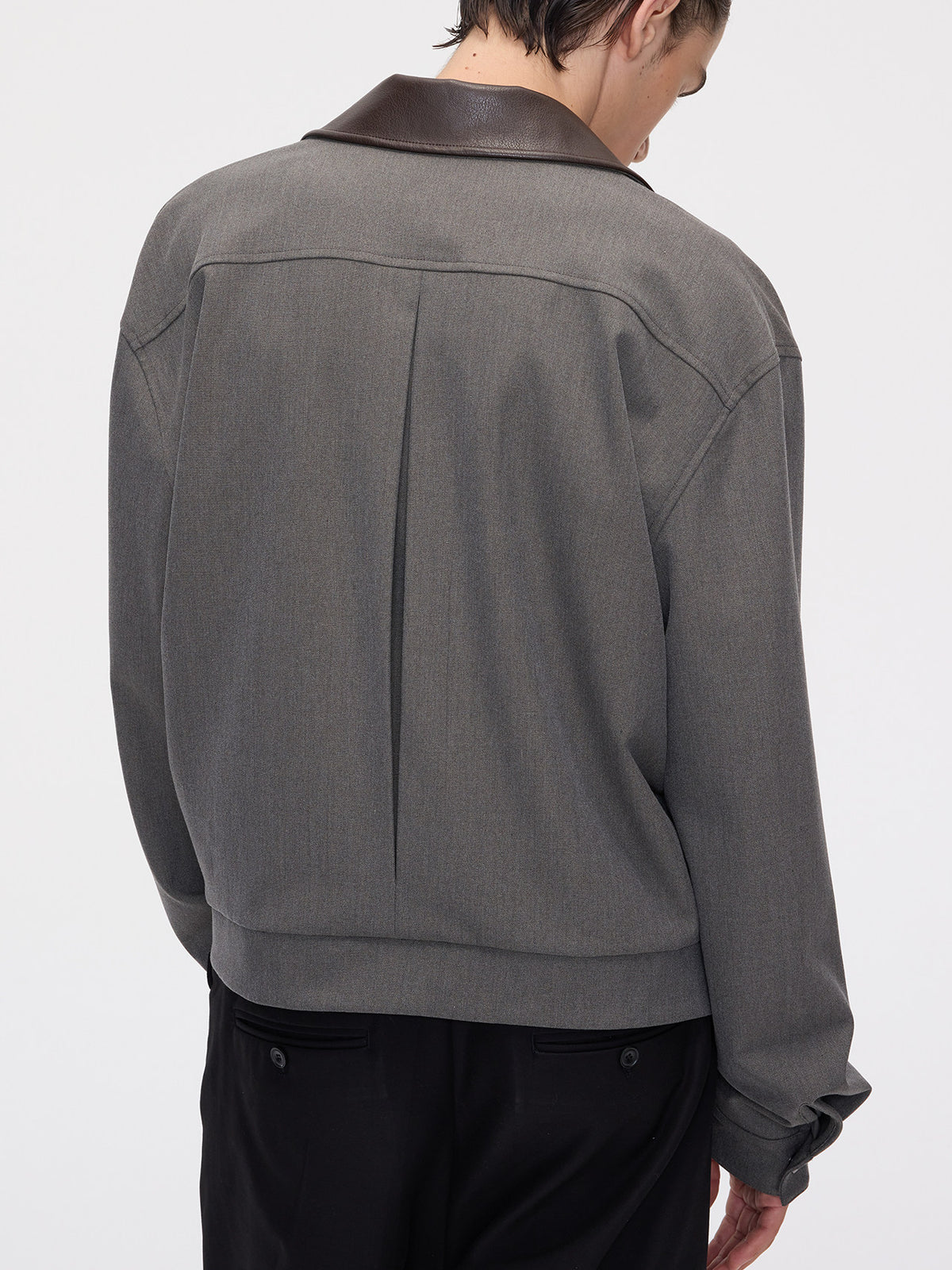 Zipper Jacket with Contrast-Color Leather Collar