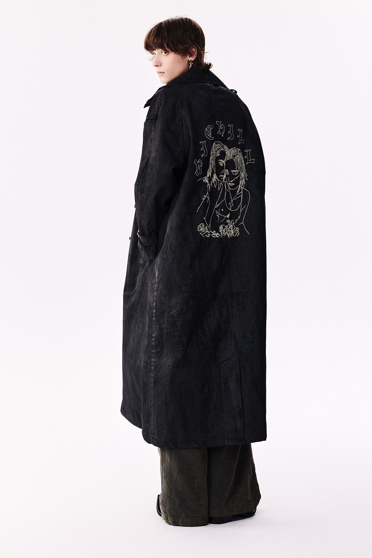 Wax Destroy Embroidery Long Coat