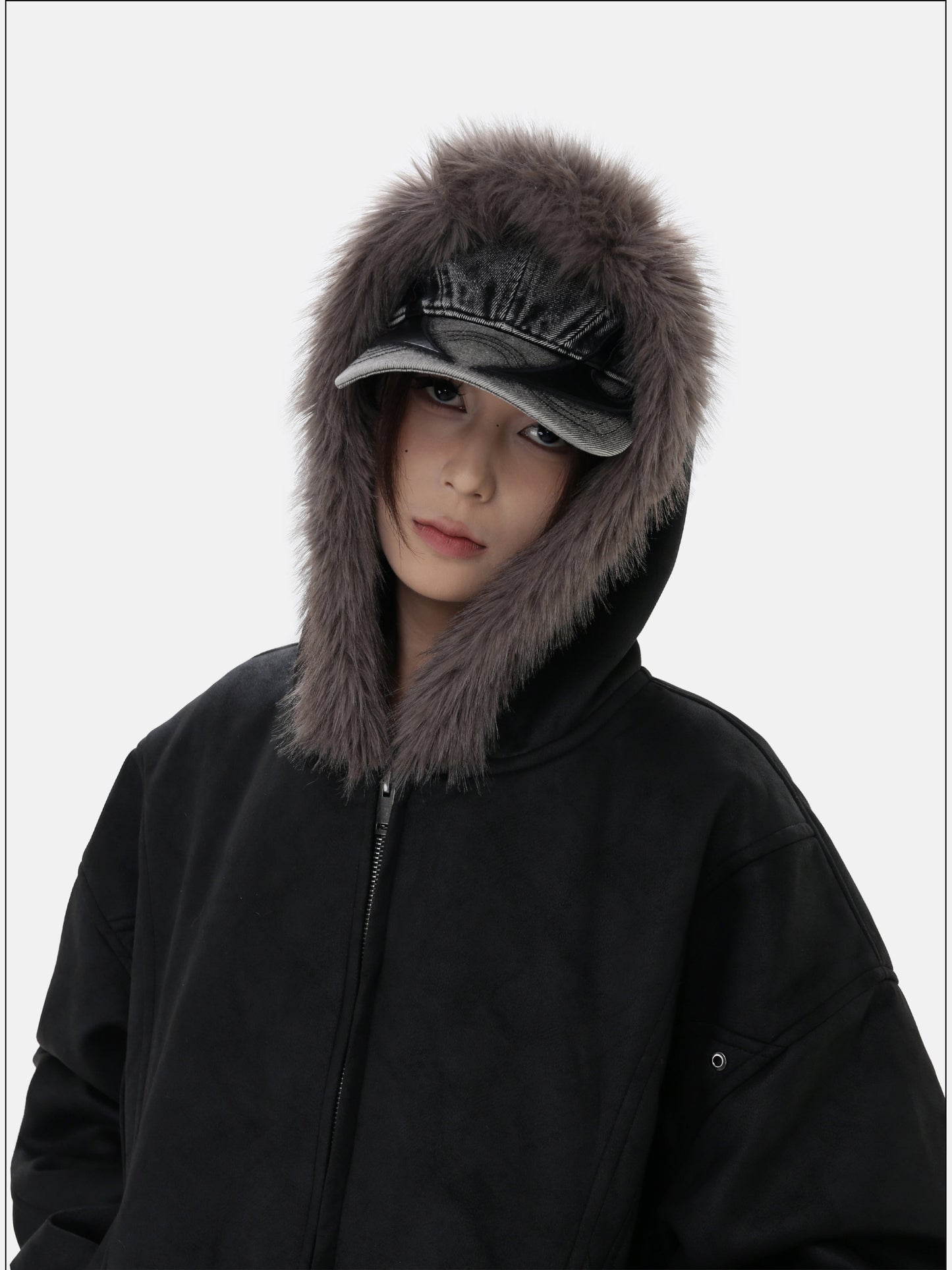 Short jacket with fur lining and hood