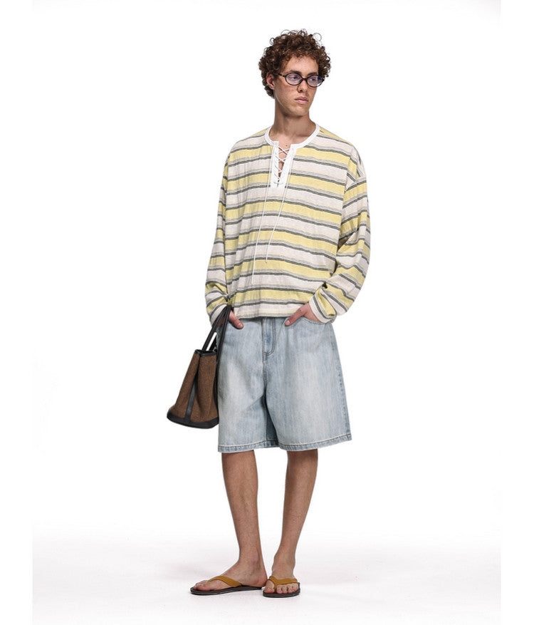 Drawstring Tie Henley Collar T-Shirt
