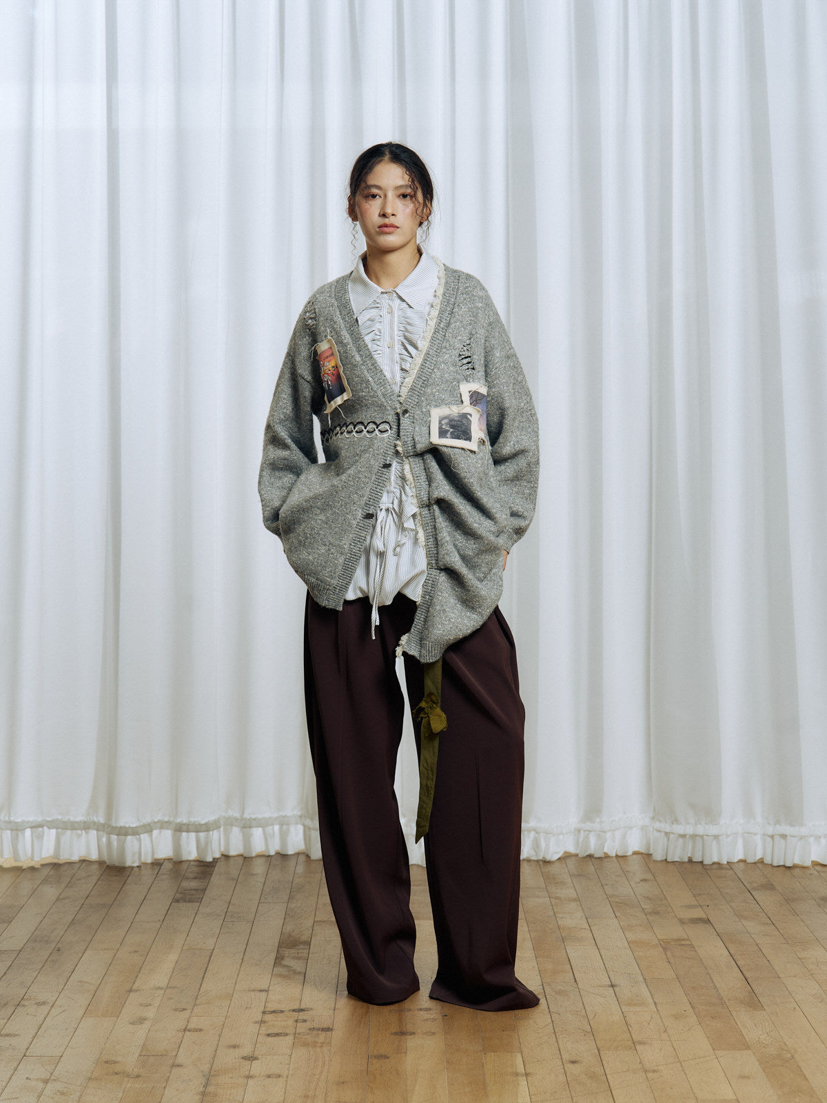 Pleated Design Blend Knit Cardigan