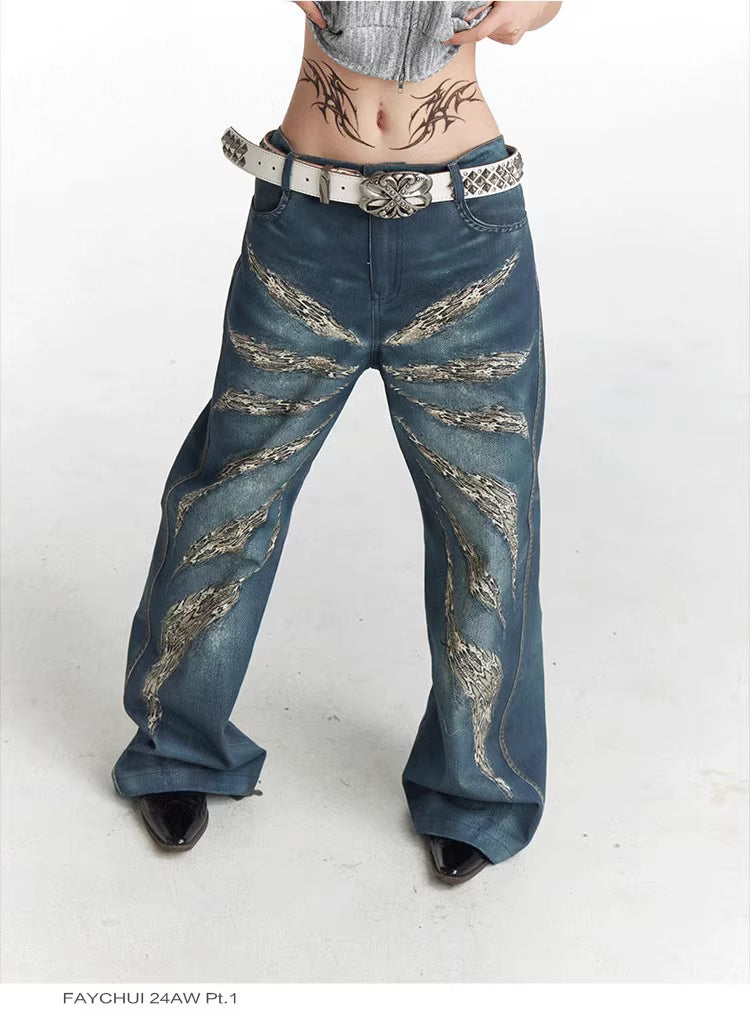 Digital 3D Printed Wide Leg Jeans