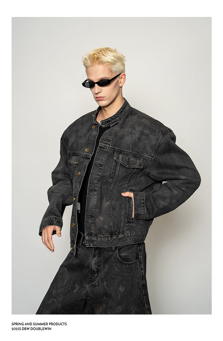 Mud-dyed distressed denim jacket set