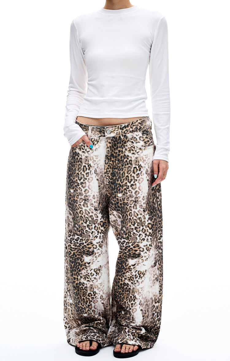 Heavy-Wash Leopard Print Casual Pants