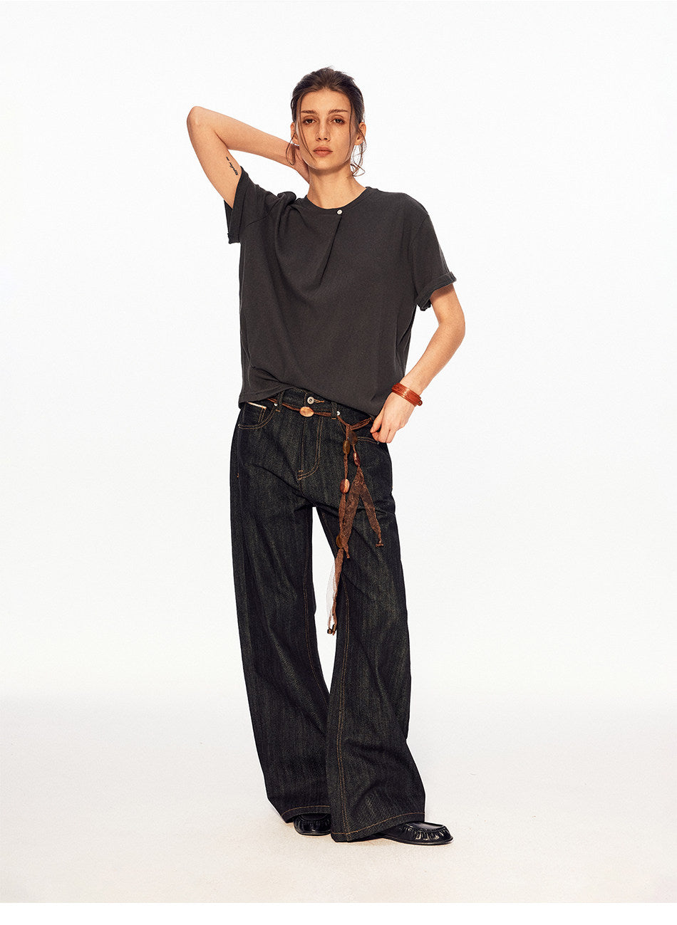 Single-Button Loose-Fit Casual T-Shirt