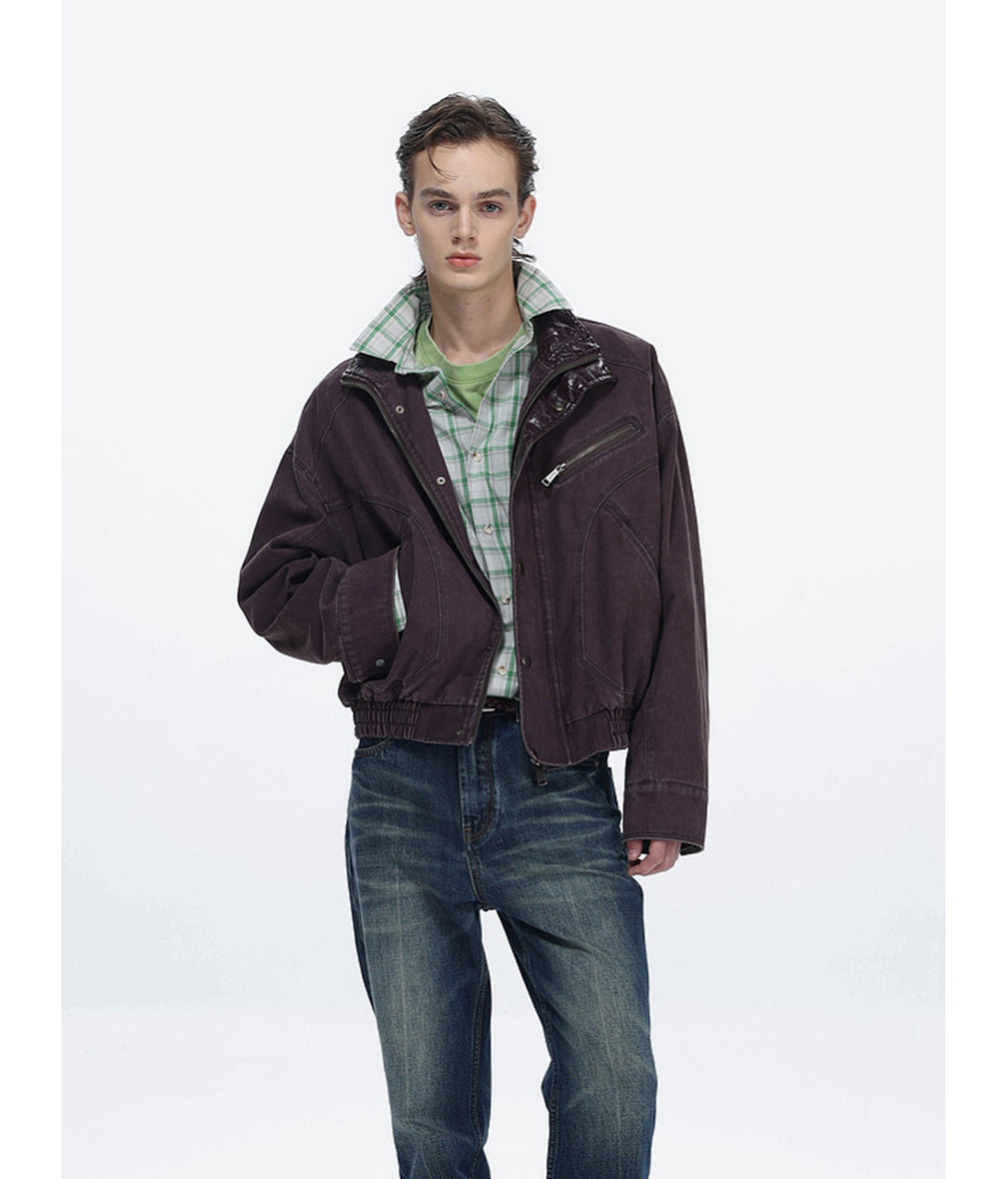 Faux Crocodile Leather Stand-Up Collar Jacket