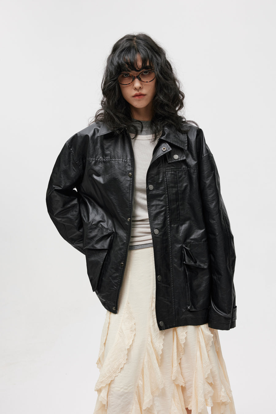 Imitation leather mid-length jacket