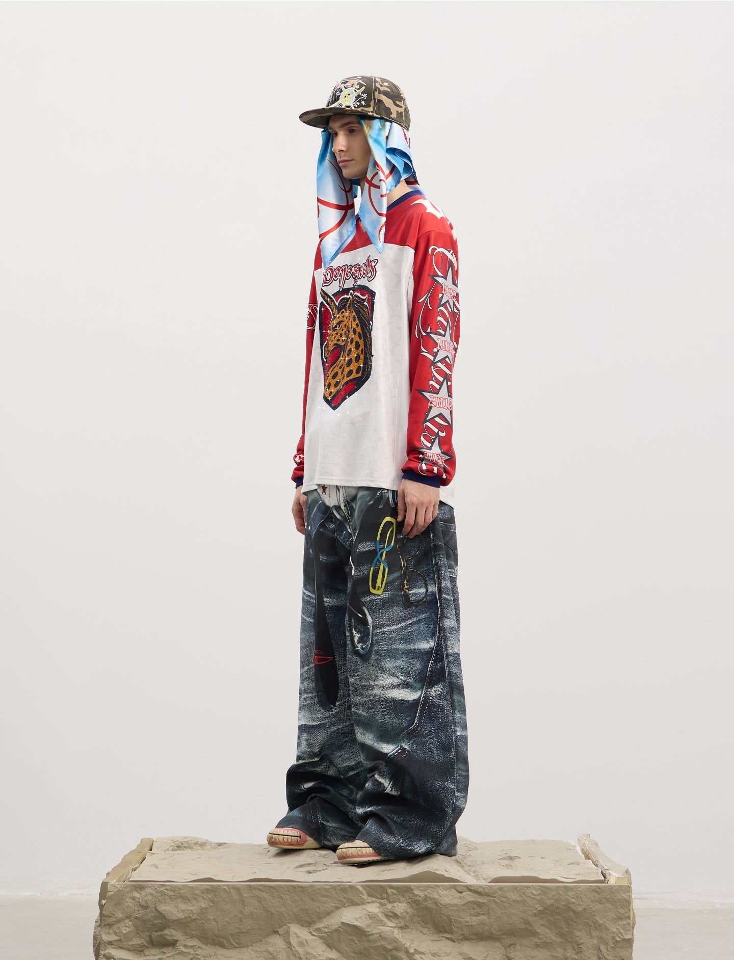 Double-Waistband Printed Jeans