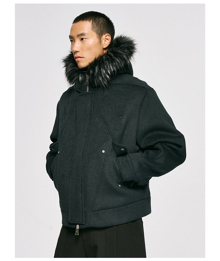Wool jacket with fur hood