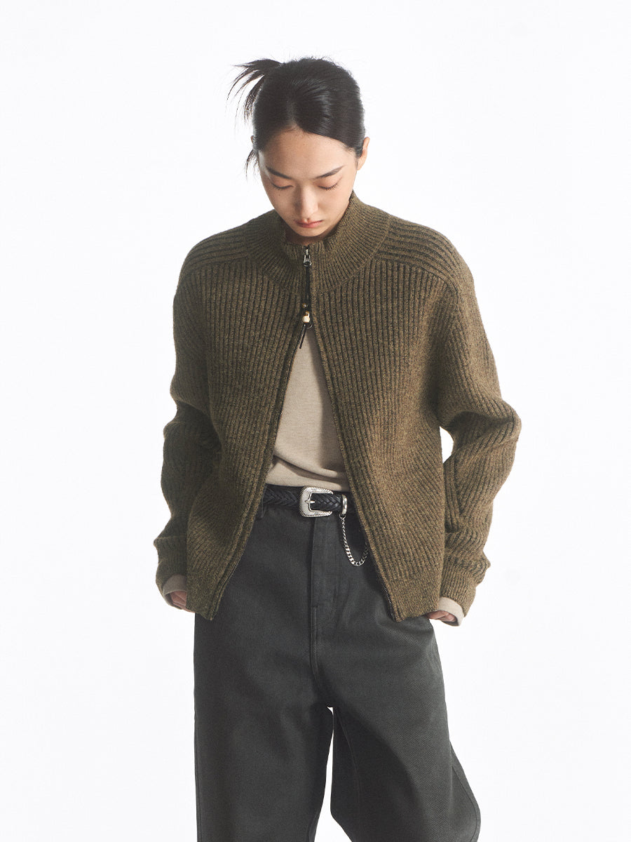 Ribbed Double Zipper Cardigan