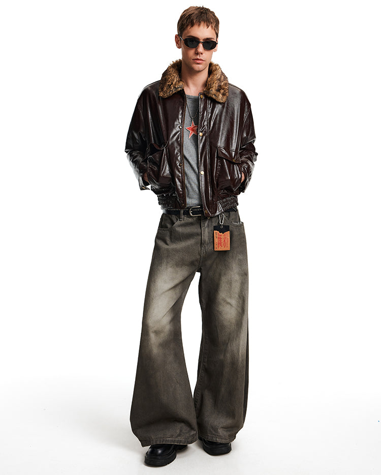 Patchwork Fur Collar Leather Jacket